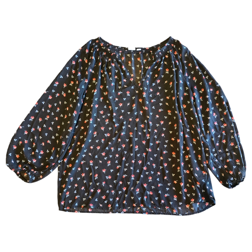 GAP Black Floral Blouse Womens Medium Long Sleeve Flower Top Shirt